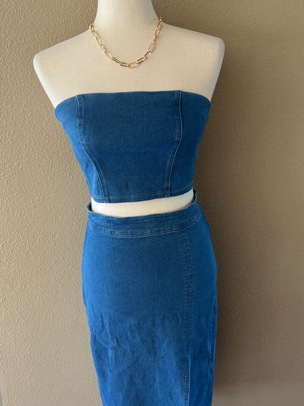 Haute Monde Blue Denim Midi Pencil Skirt with Front Slit - Picture 3 of 12
